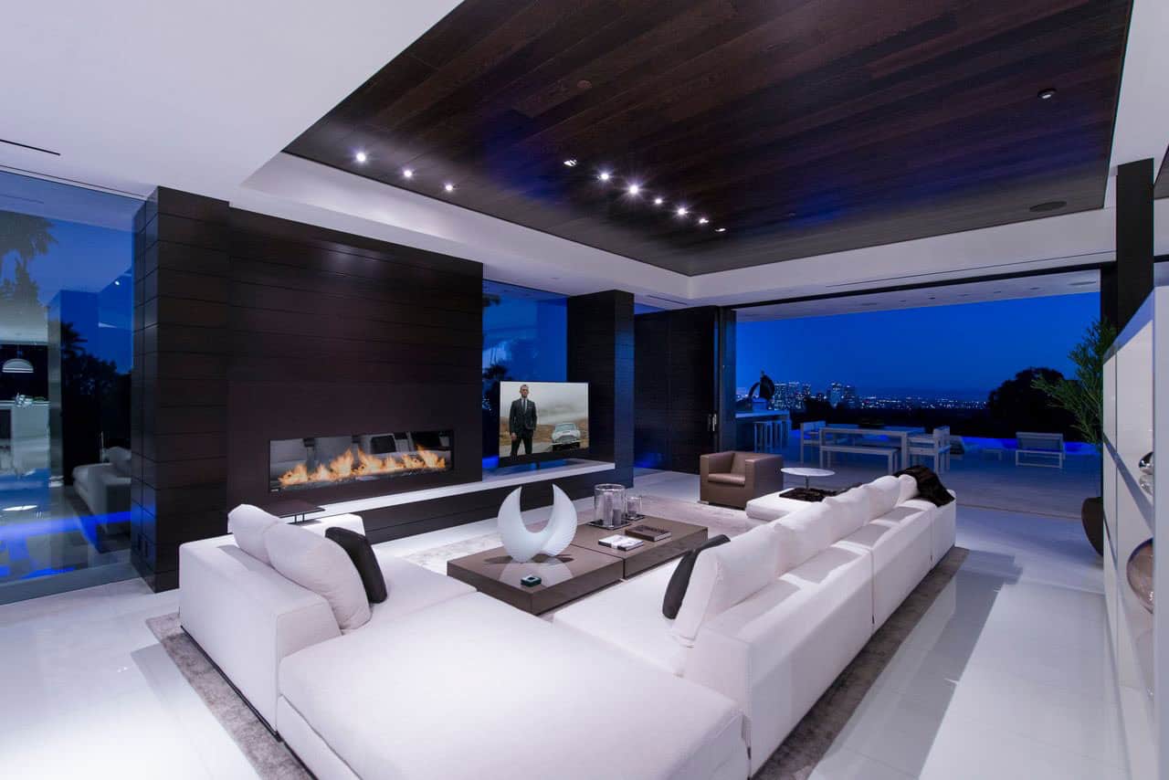 modern living room with a fireplace