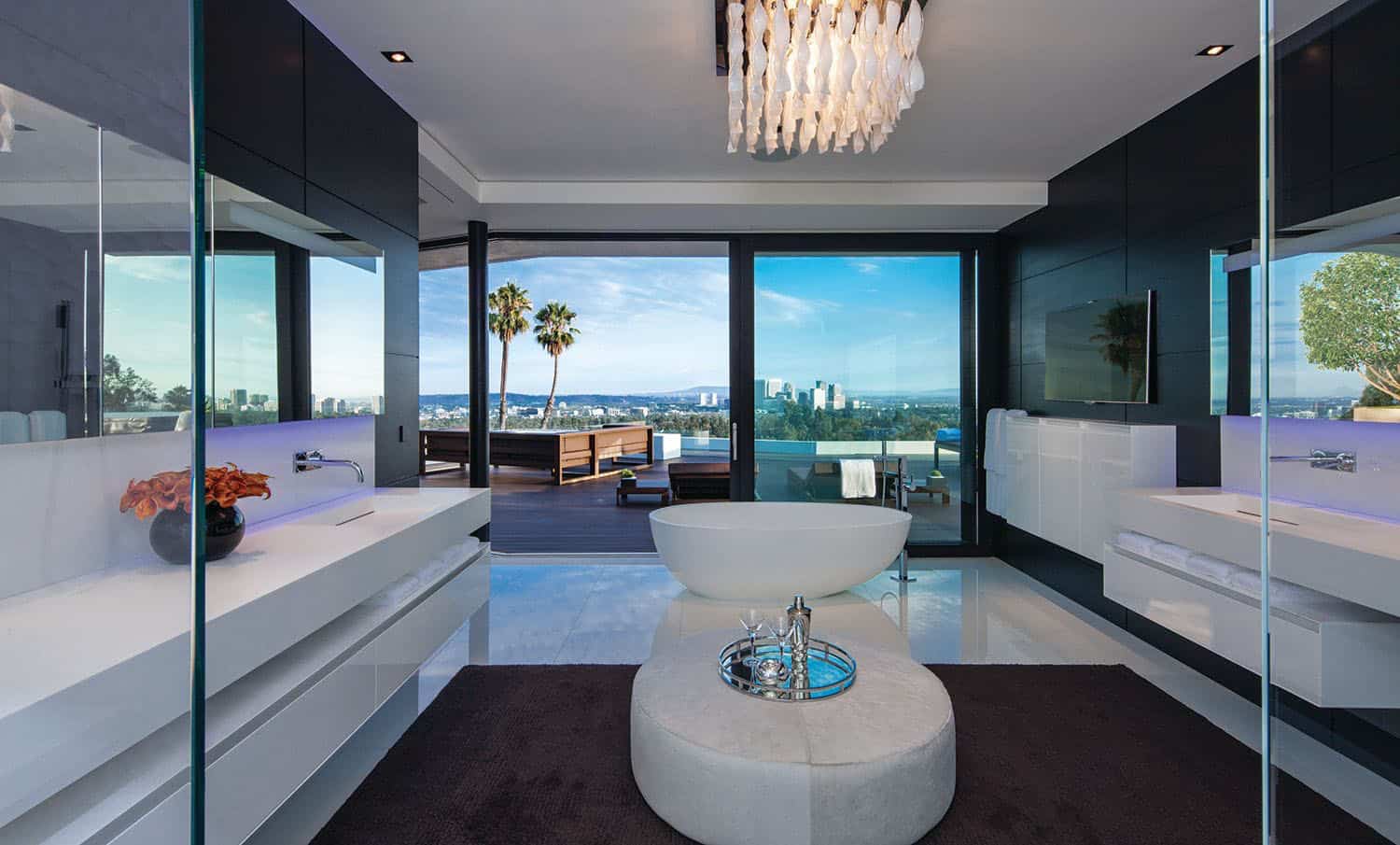 modern bathroom with sliding glass doors