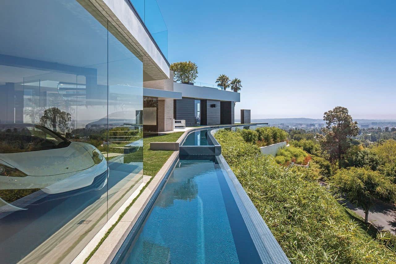 modern home exterior with a pool