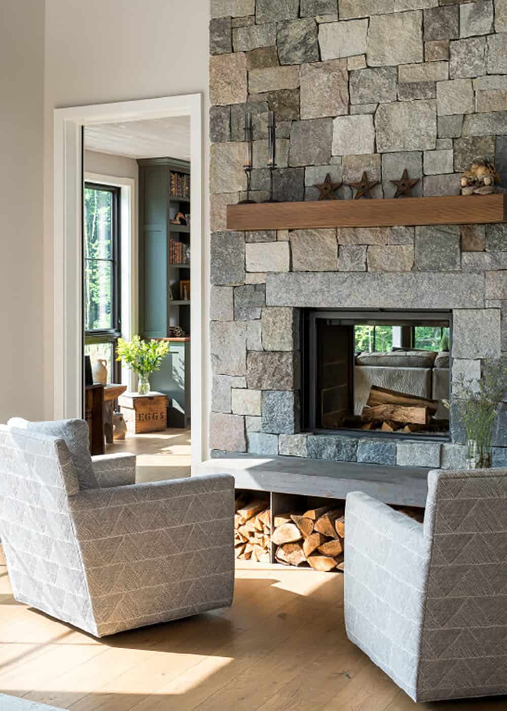 modern rustic living room stone fireplace