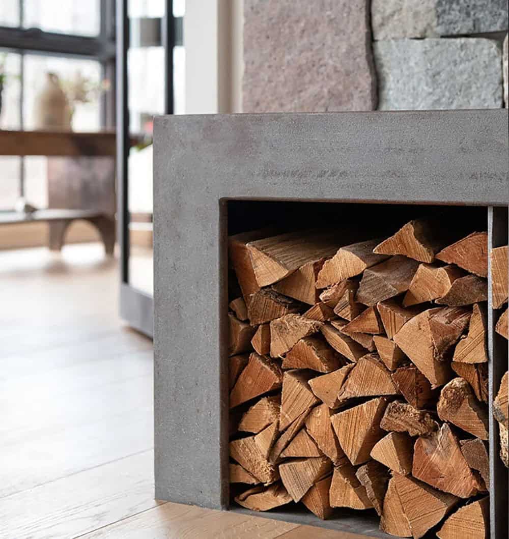 modern rustic living room stone fireplace