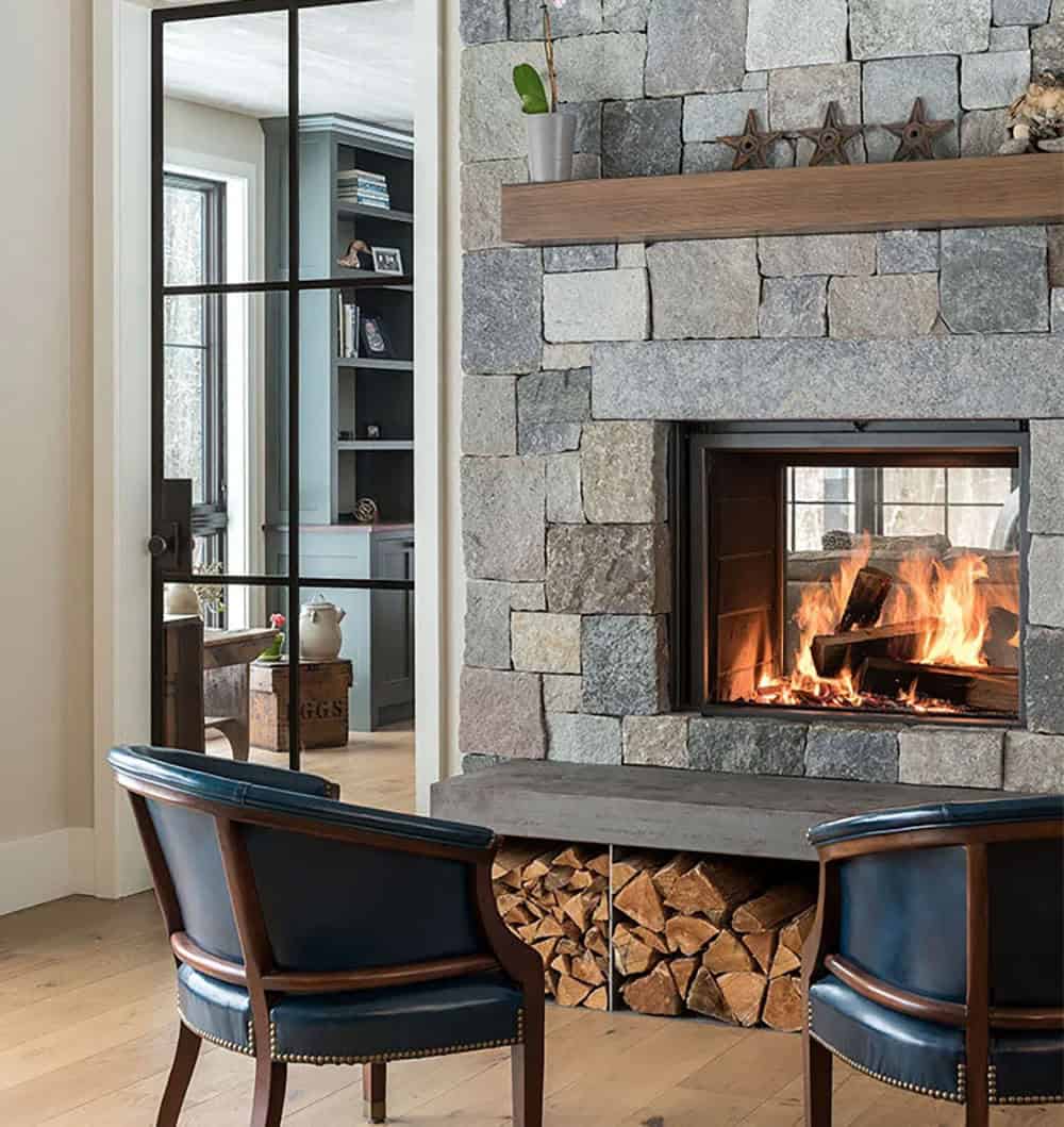 modern rustic living room stone fireplace
