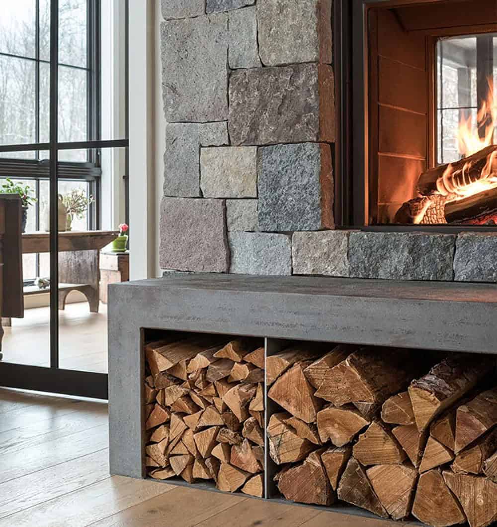 modern rustic living room stone fireplace