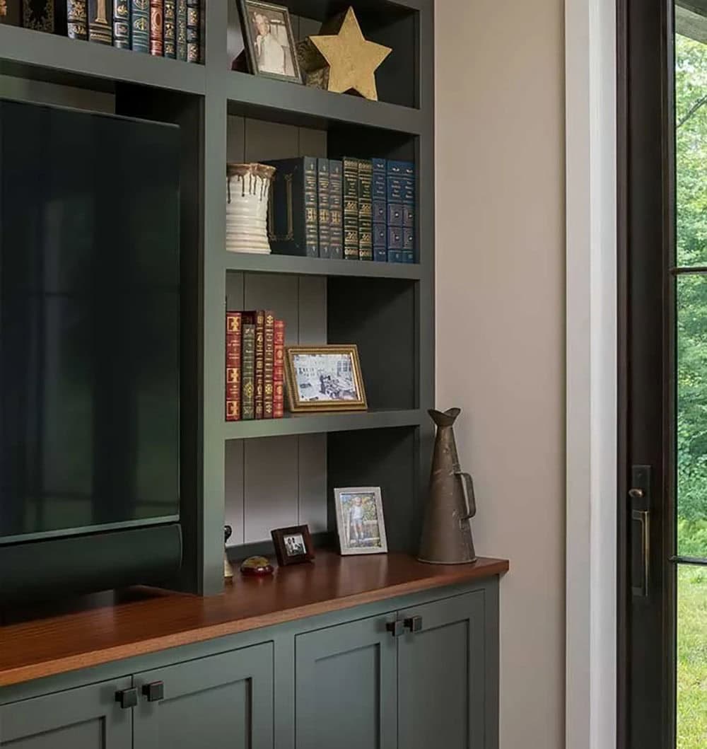 modern rustic family room entertainment wall with a TV