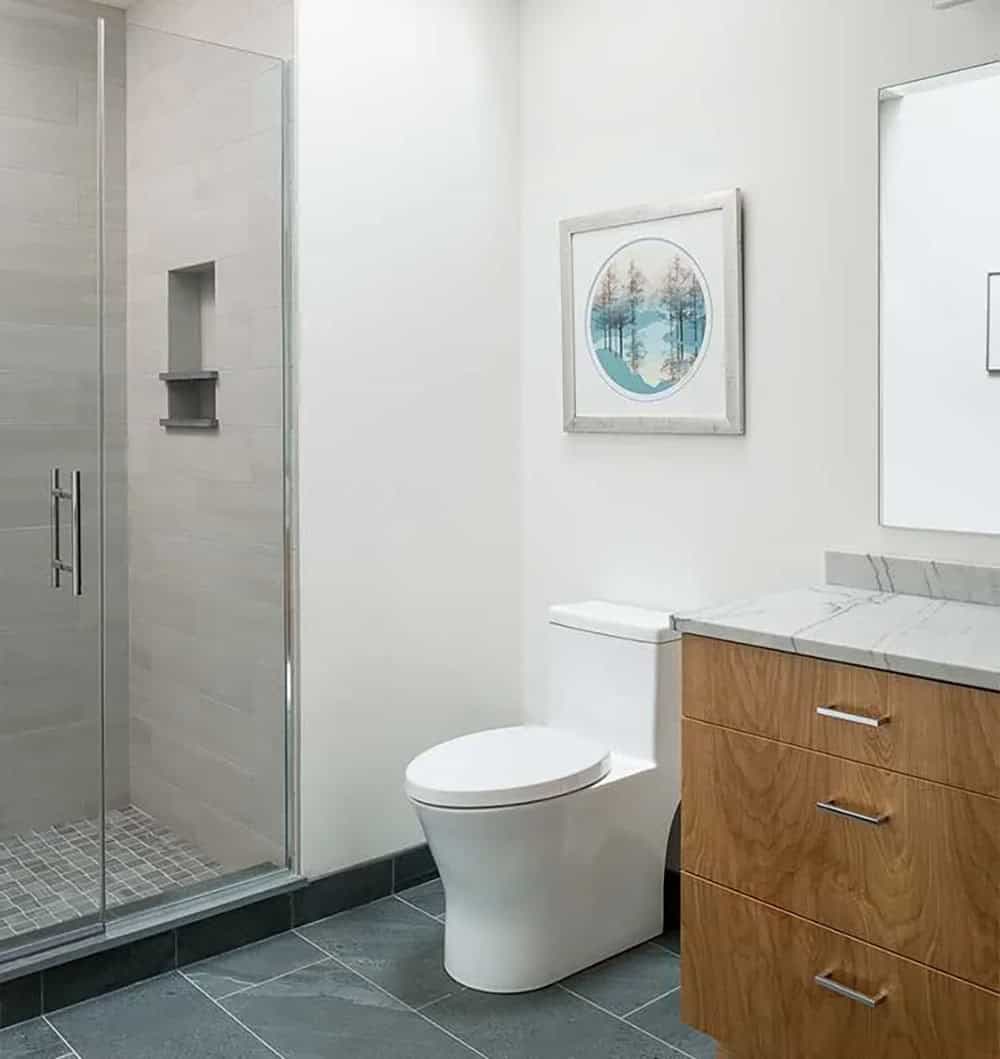 modern rustic bathroom vanity and walk-in shower