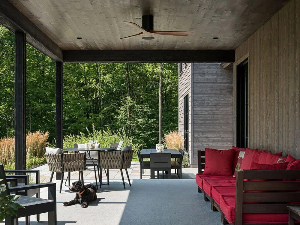 modern rustic home exterior with a covered patio