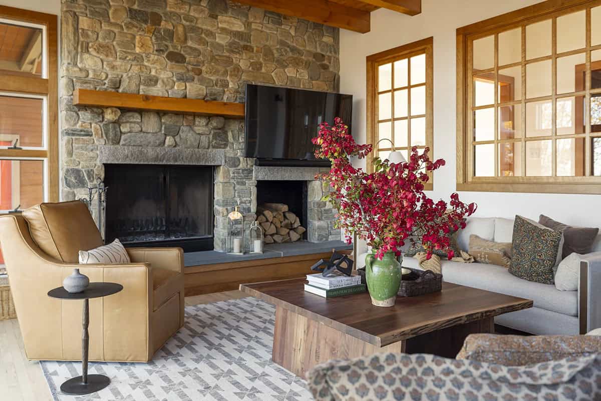 modern rustic living room with a fireplace