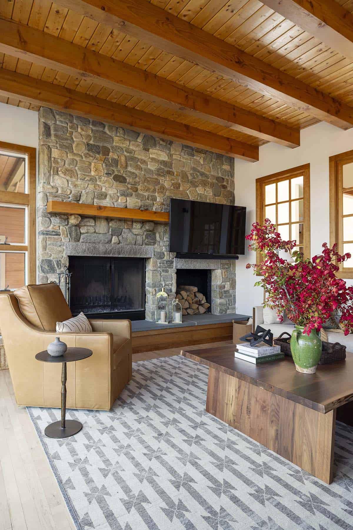 modern rustic living room with a fireplace