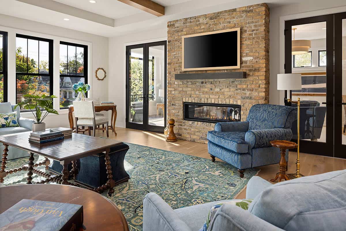 modern living room with a fireplace
