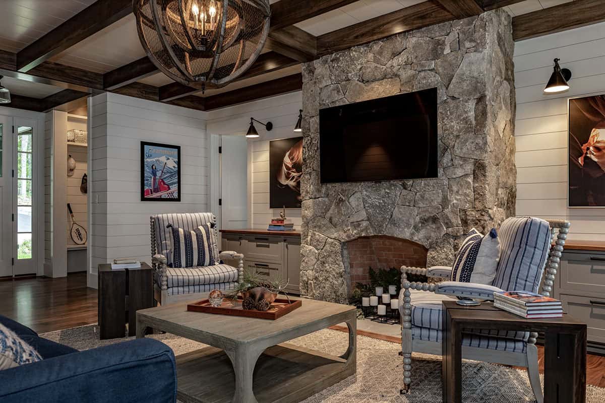 Craftsman style living room with a fireplace