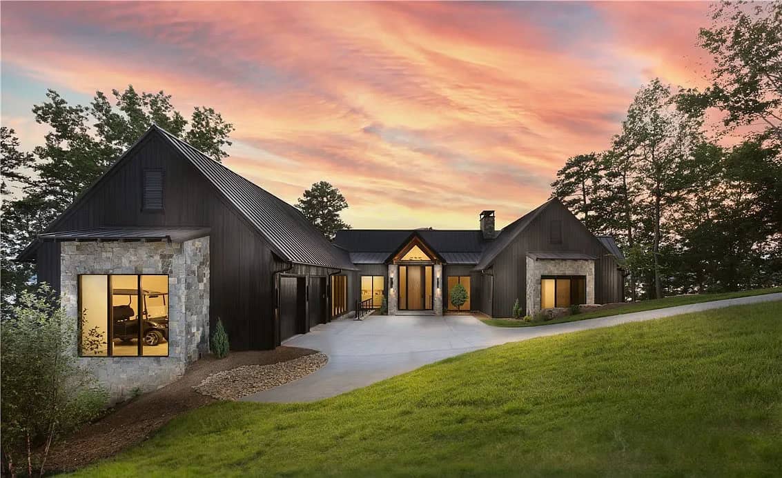 lake house exterior at dusk