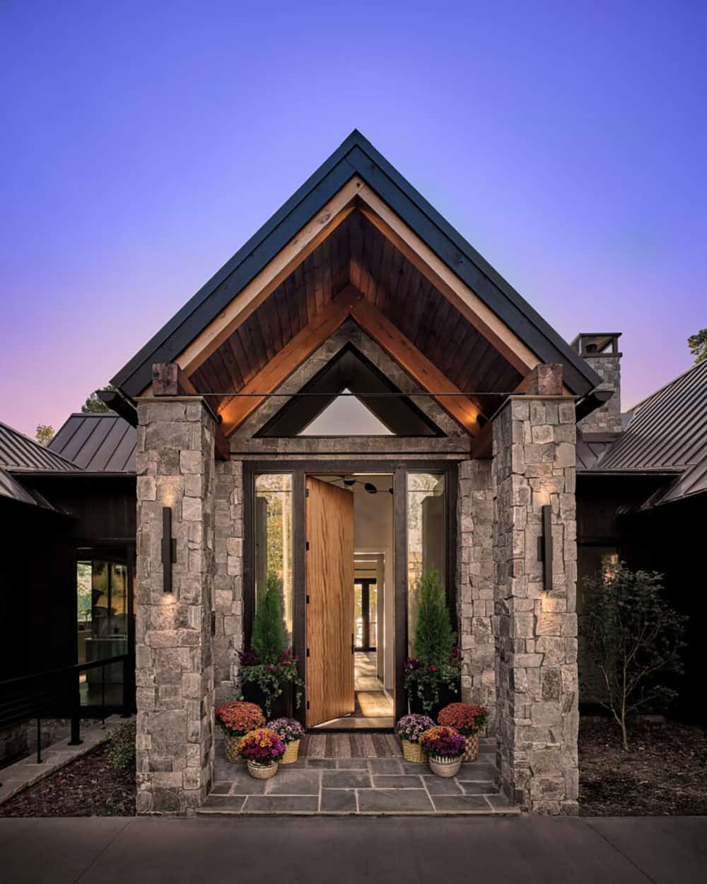 lake house exterior entry at dusk
