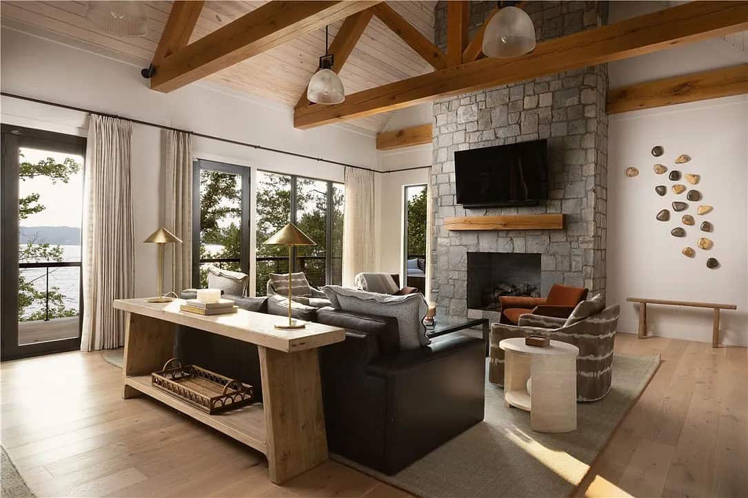contemporary living room with a fireplace
