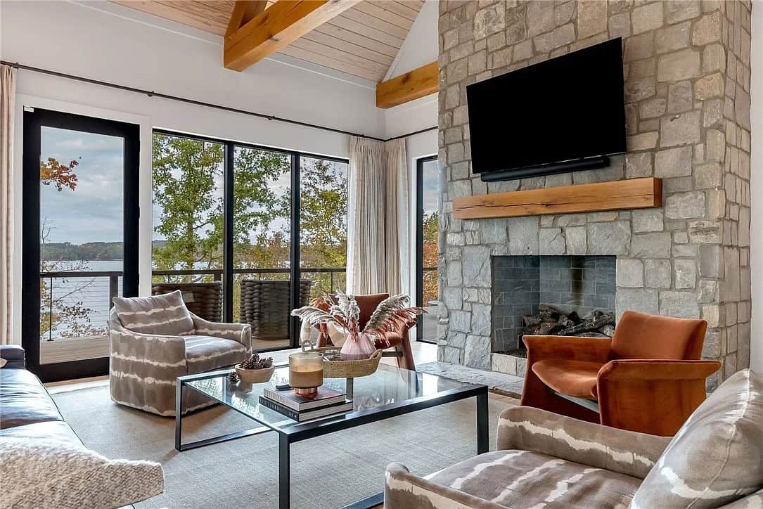 contemporary living room with a fireplace