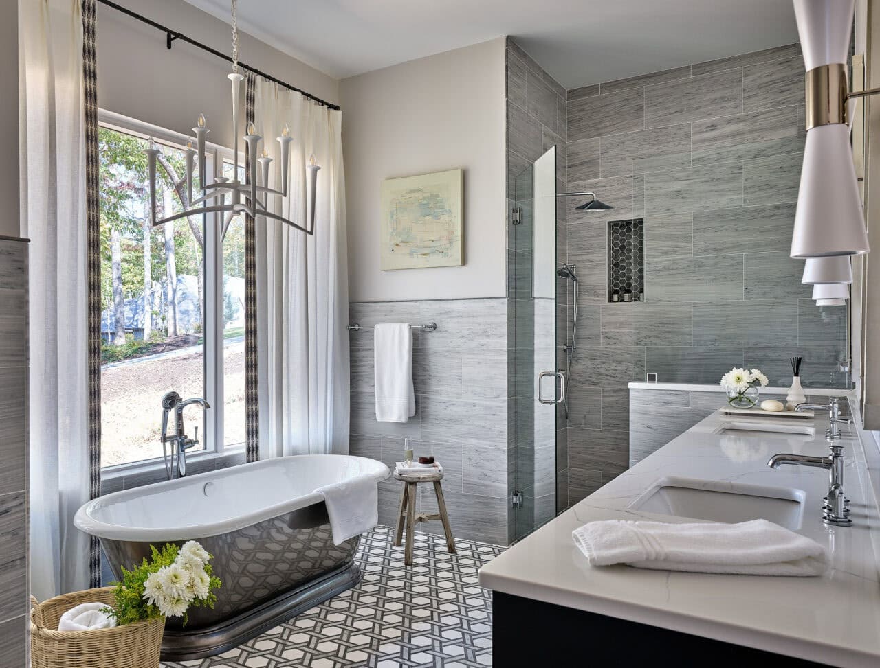 contemporary bathroom with a freestanding tub
