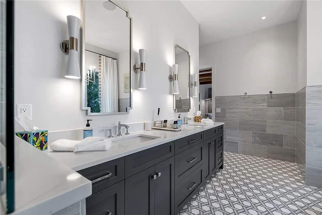 contemporary bathroom with a dual vanity