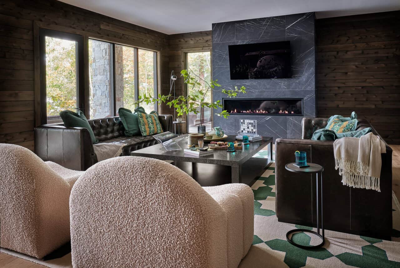 contemporary family room with a fireplace