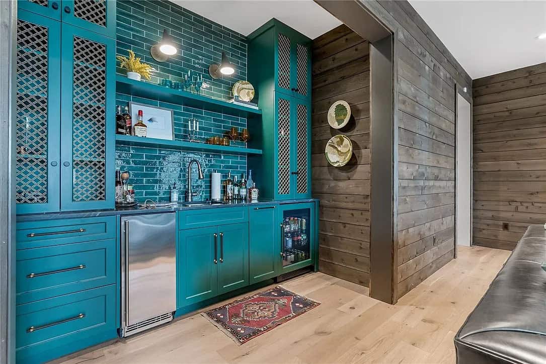 contemporary family room with a wet bar