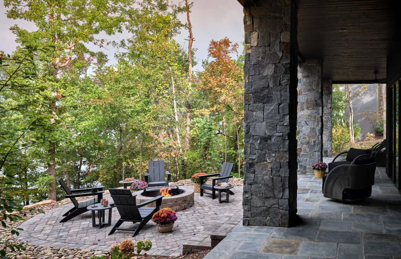lake house exterior firepit with adirondack chairs