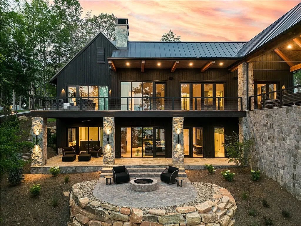 lake house exterior backyard view at dusk