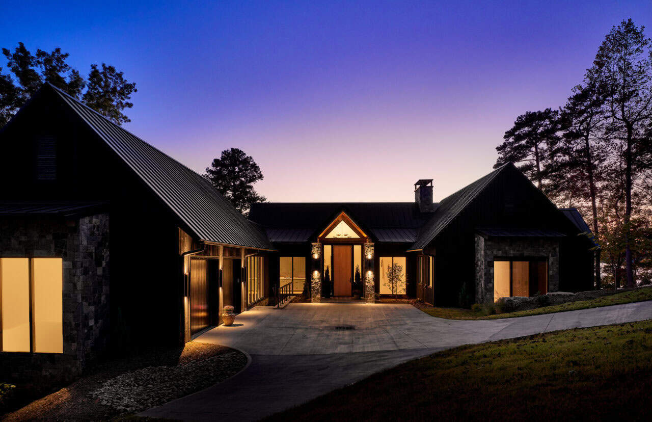lake house exterior at dusk