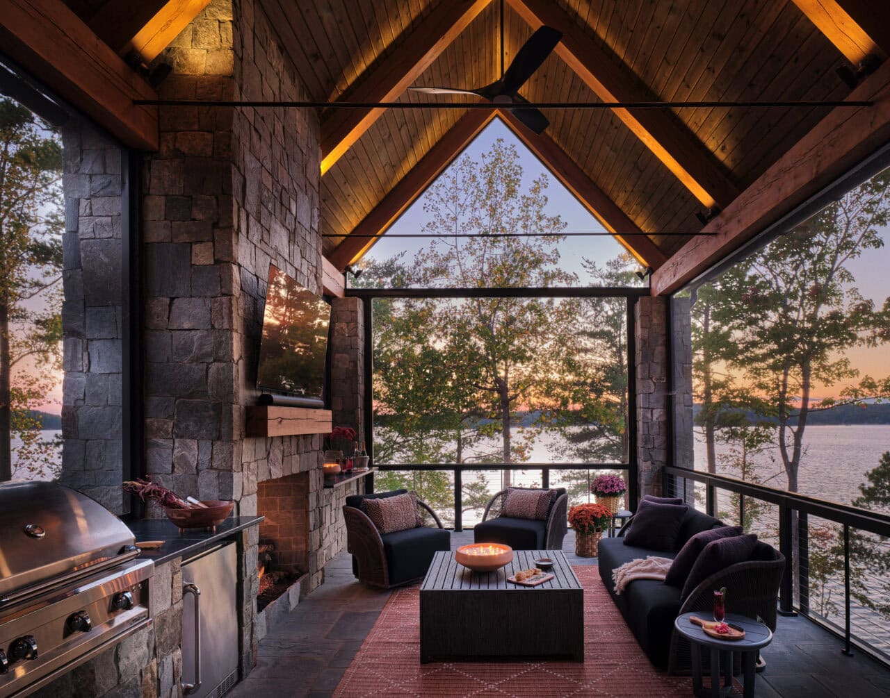 lake house covered porch at dusk