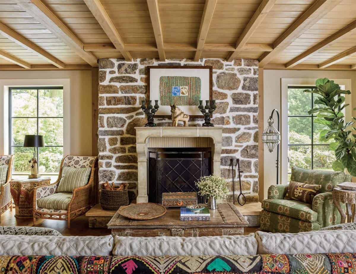 modern rustic living room with a fireplace