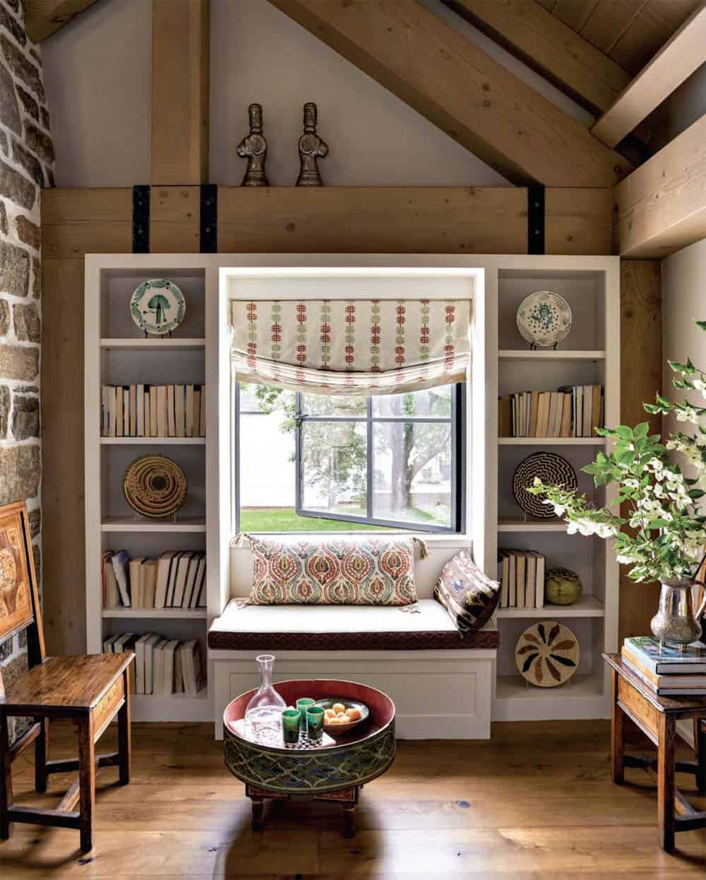modern rustic home library with a built-in window seat