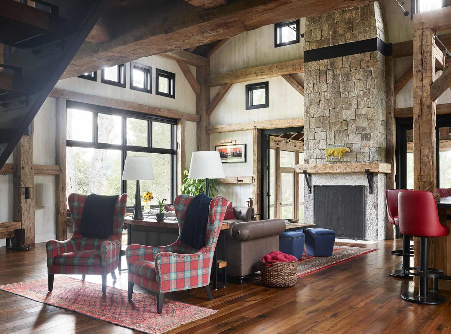 modern rustic living room with a fireplace
