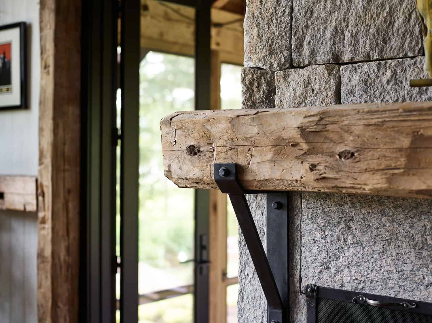modern rustic living room fireplace mantel detail