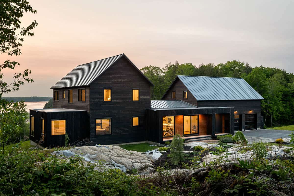 modern home exterior at dusk