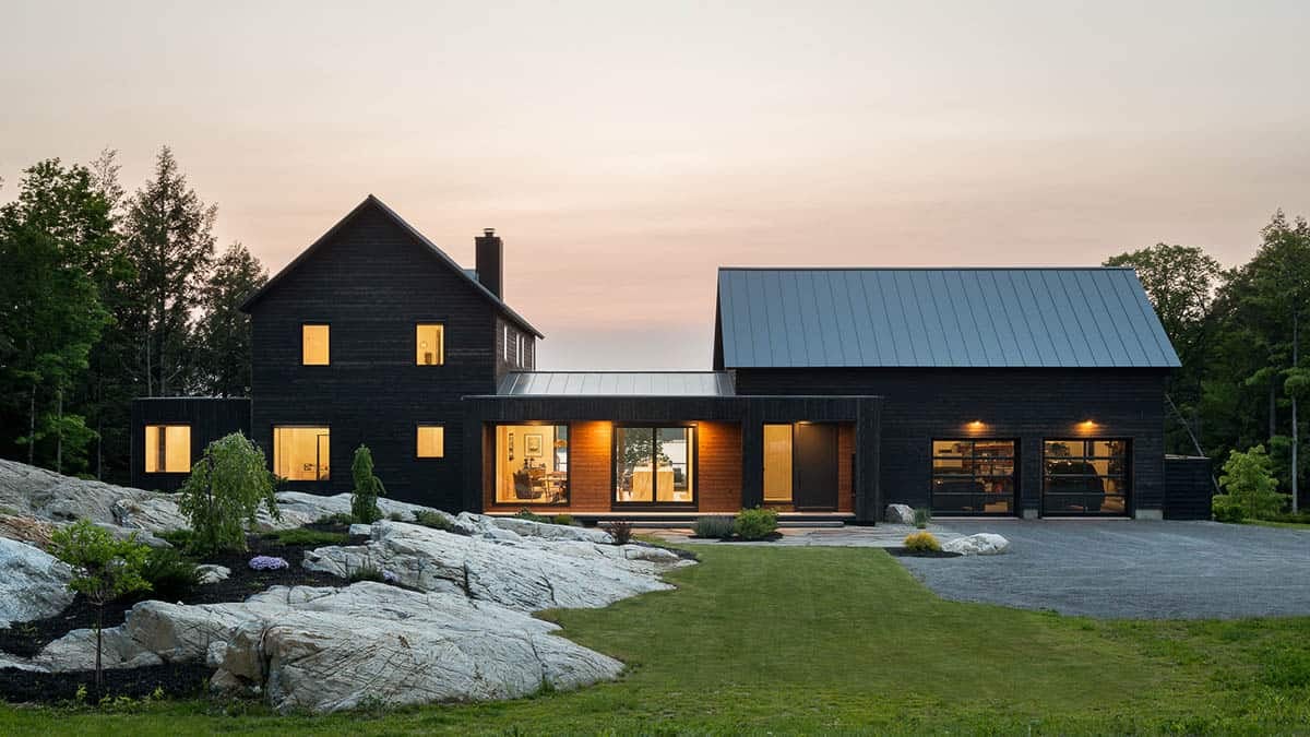 modern home exterior at dusk