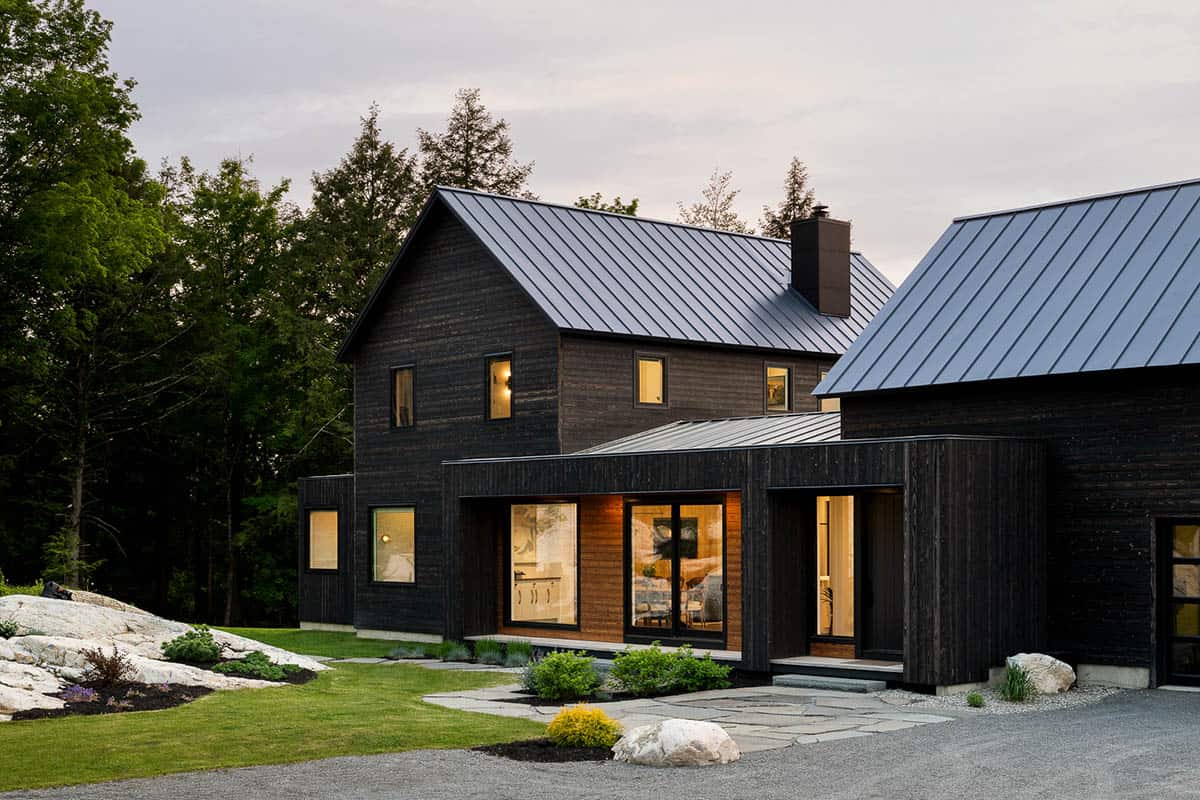 modern home exterior at dusk