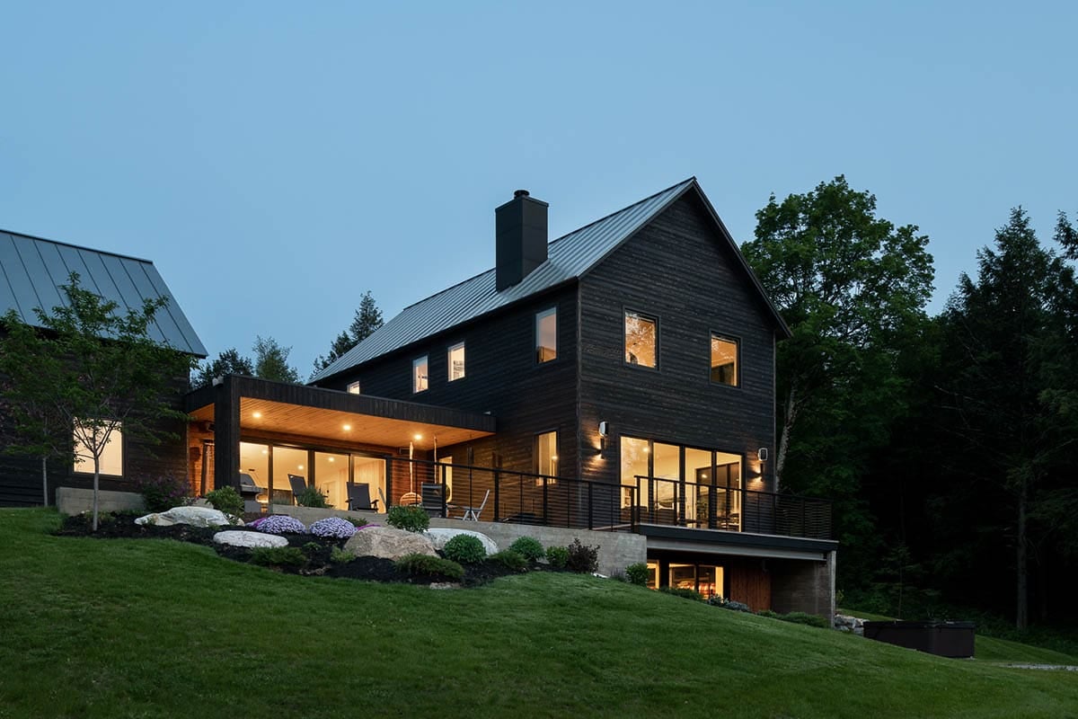modern home exterior at dusk