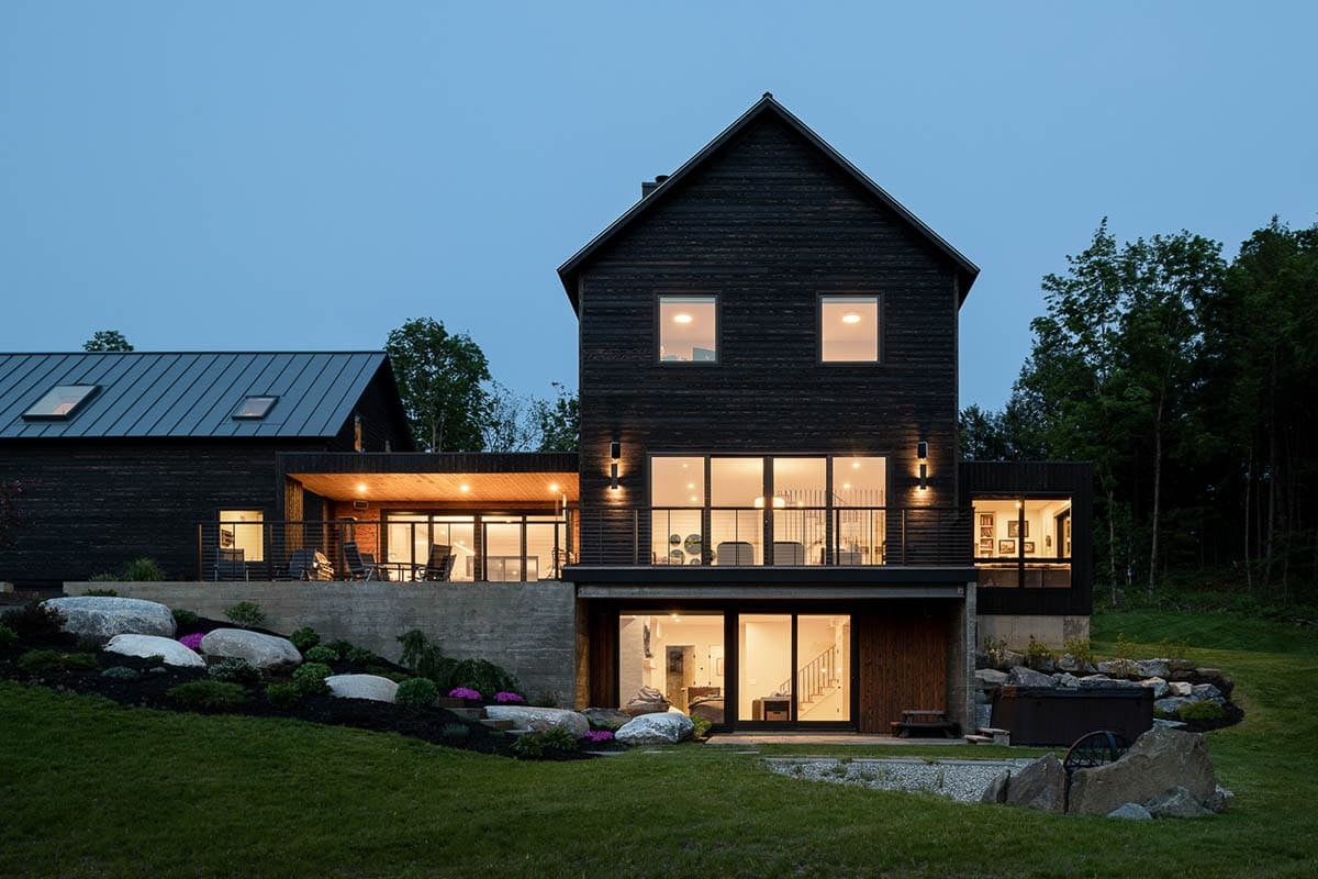 modern home exterior at dusk