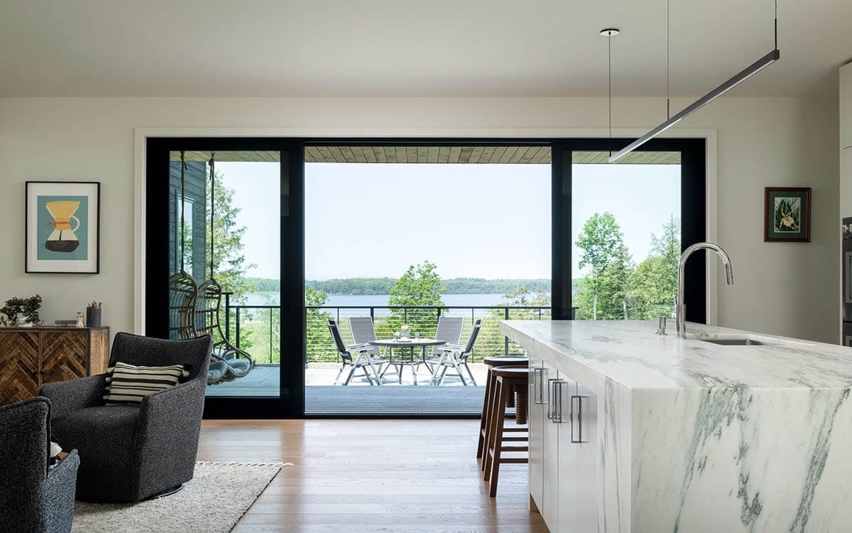 modern kitchen with sliding glass doors