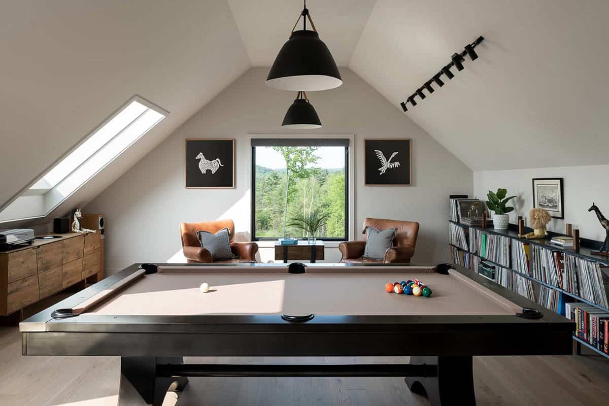 modern family room with a pool table