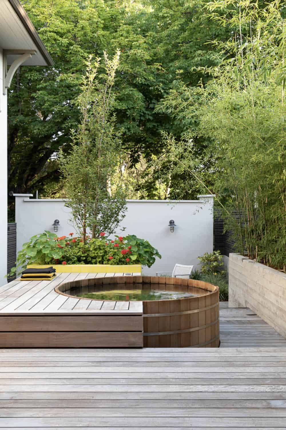 small modern ipe deck with a cedar soaking tub