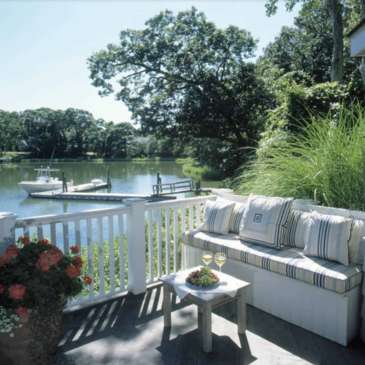 backyard deck with built-in bench seating