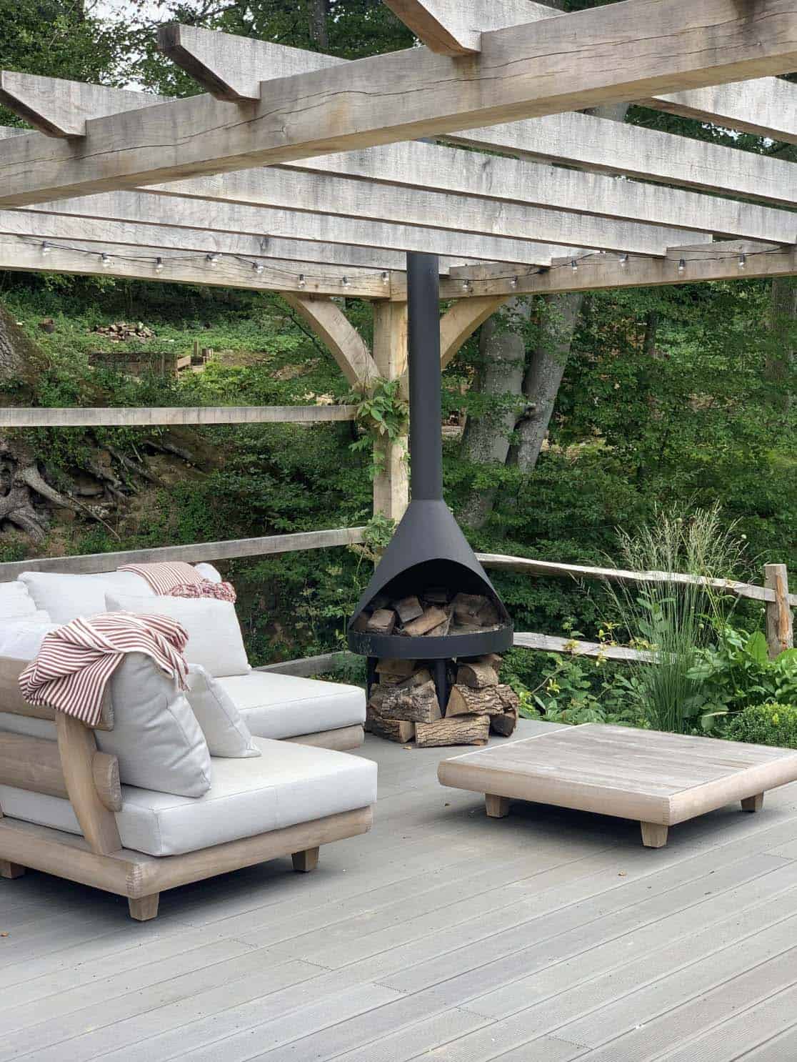 contemporary deck with a sectional and fireplace