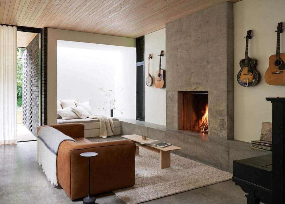 modern living room with a fireplace