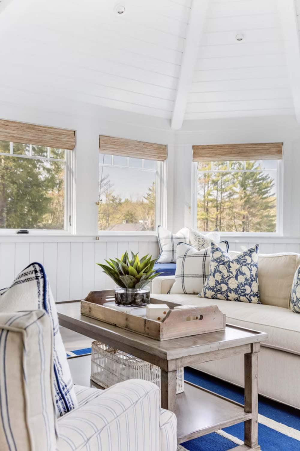 coastal style family room with a skylight