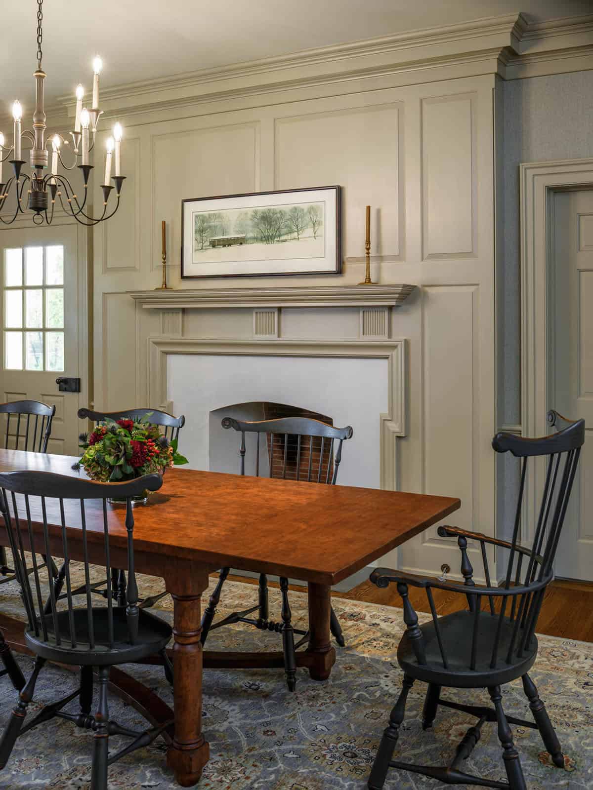 farmhouse style dining room with a fireplace