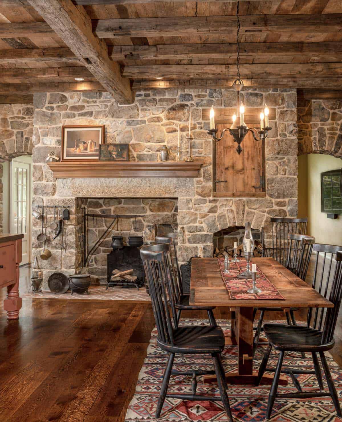 traditional style kitchen breakfast nook with a fireplace
