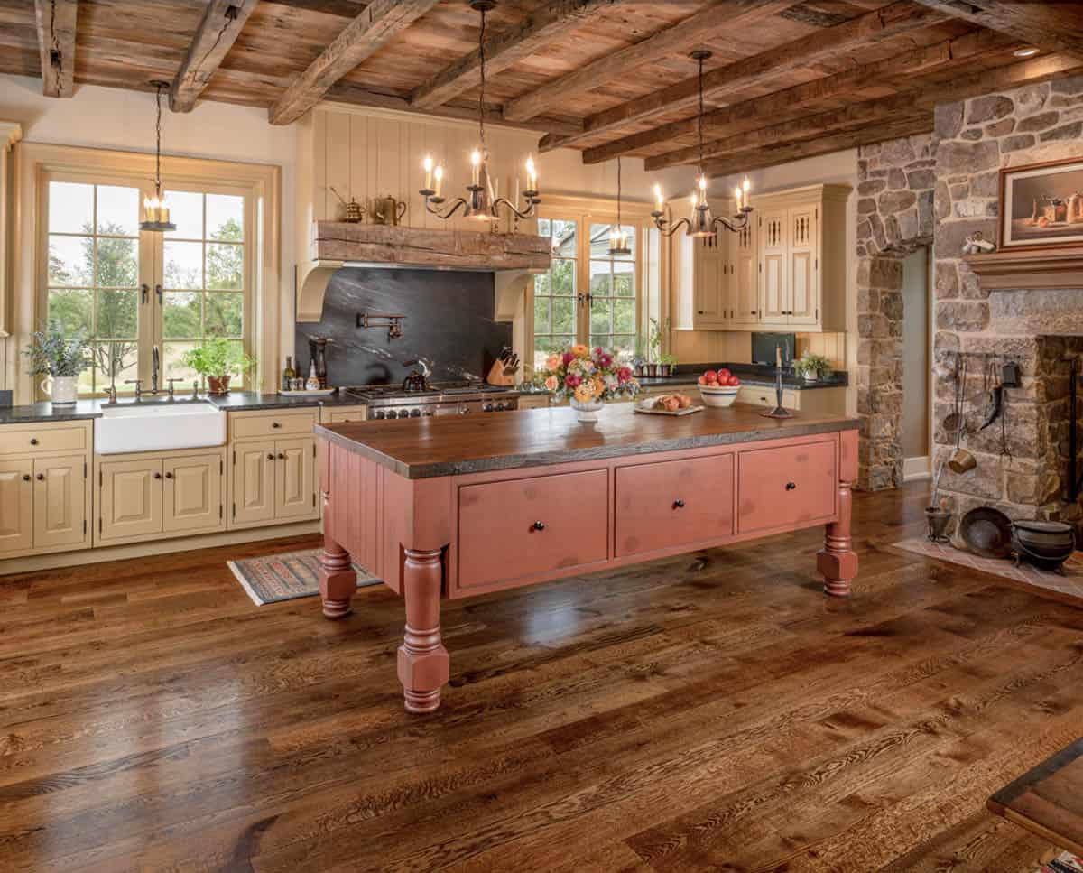 traditional style kitchen with a fireplace