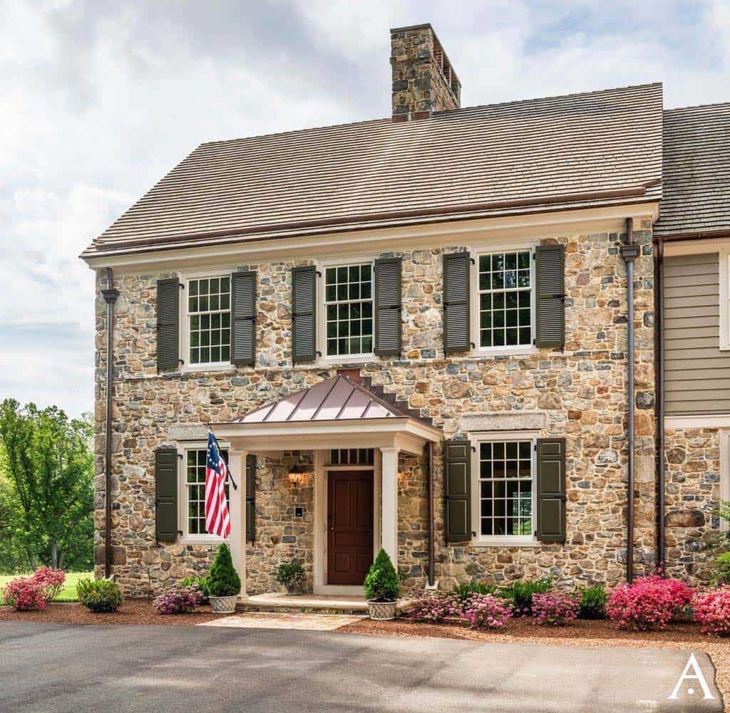 stone farmhouse style house exterior entry