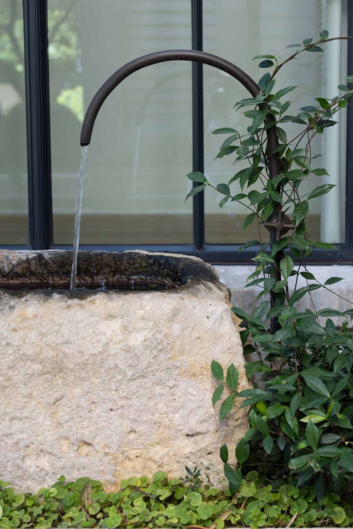 transitiional style home landscaping with a water feature