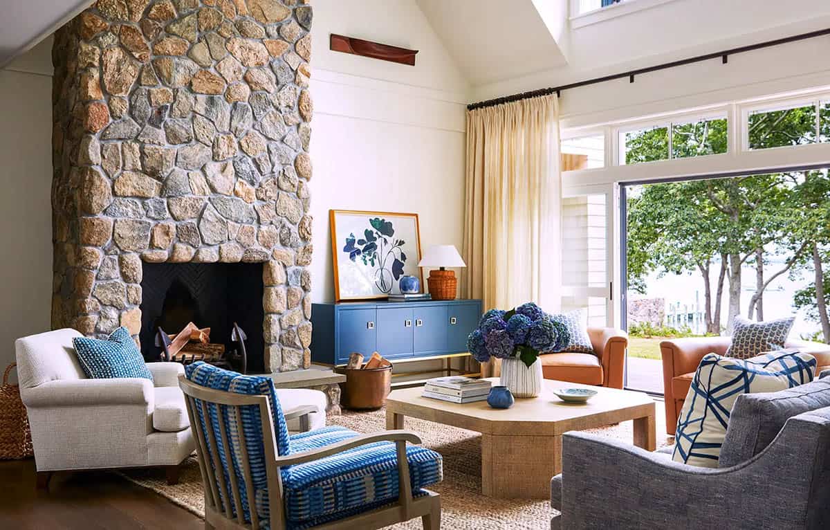 transitional style living room with a fireplace