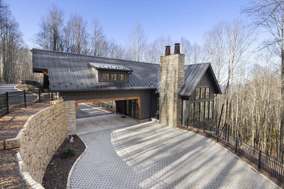 mountain cottage exterior bridge over the driveway 