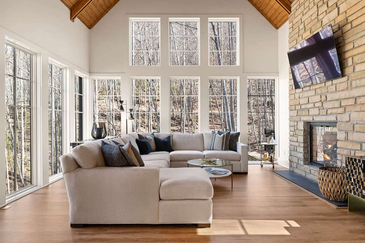 mountain cottage living room with large windows